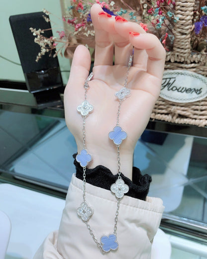 [⭐Seralia]CLOVER 10 MOTIFS CHALCEDONY DIAMONDS SILVER NECKLACE